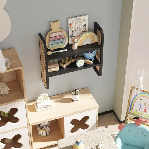 Vista 2 de Estante de ratán de 2 niveles, estantería de ratán negro montado en la pared, estante de exhibición tejido hecho a mano, estantes decorativos