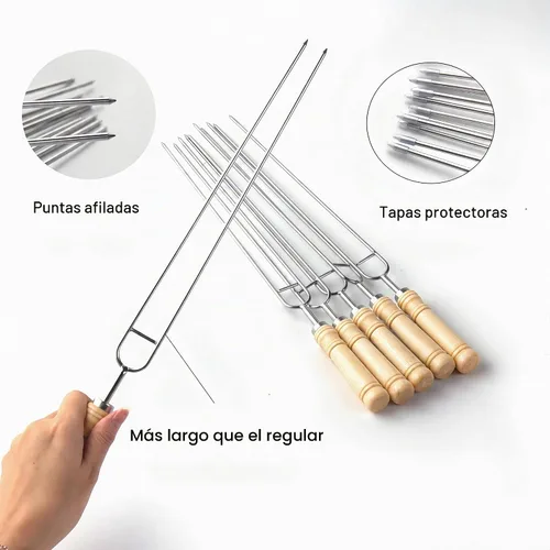 Vista 3 de IMEEA Brochetas dobles para asar brochetas gruesas de acero inoxidable con mango de madera, 16.5 pulgadas