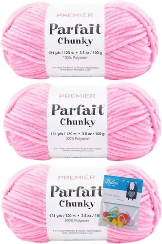 Vista 19 de Premier Yarns Parfait - Ovillo de felpilla grueso, 3.5 onzas, 6 unidades, peso súper voluminoso, paquete de 3 unidades con marcadores de puntada