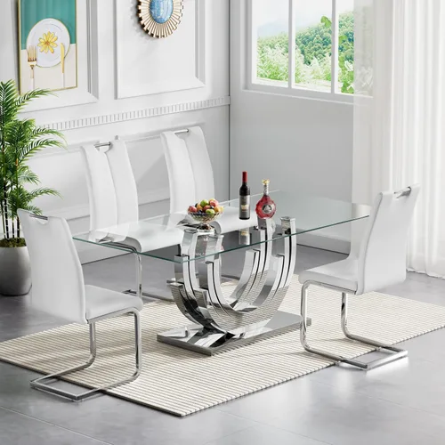 Vista 23 de Juego de mesa de comedor de cristal dorado moderno de 70 pulgadas para 4, juego de mesa rectangular de 5 piezas con base de acero en forma de anillo