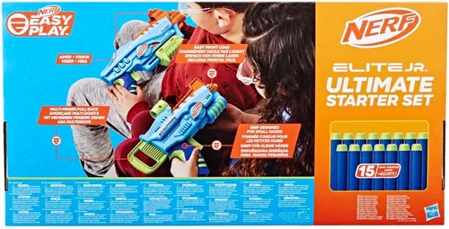 Vista 5 de Nerf Elite Jr Ultimate Starter Set, 2 lanzadores de espuma de juguete fáciles de jugar, 15 dardos Nerf Elite, 2 objetivos, juegos al aire libre