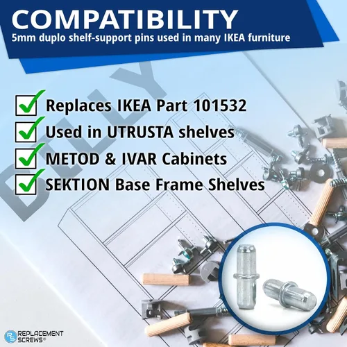 Vista 4 de ReemplazoTornillos de soporte de estante Pines/clavijas compatibles con IKEA 101532 (UTRUSTA, METOD, IVAR), Dúplo chapados en zinc, paquete de 5