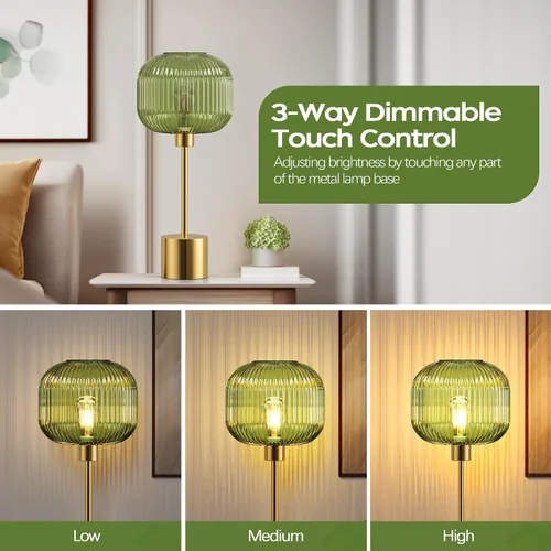 Vista 2 de QiMH - Lámpara de mesa de vidrio para sala de estar, lámpara de mesita moderna con pantalla de vidrio acanalada verde, lámpara de mesita de noche