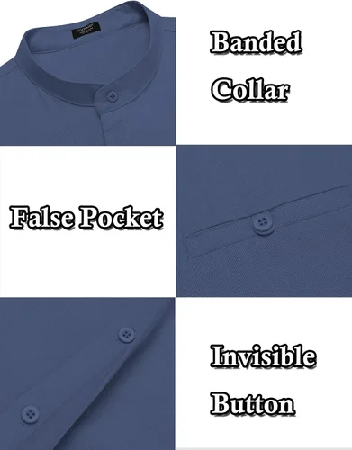 Vista 4 de COOFANDY Camisas de lino de manga larga con cuello de banda, camisas casuales con botones para hombre