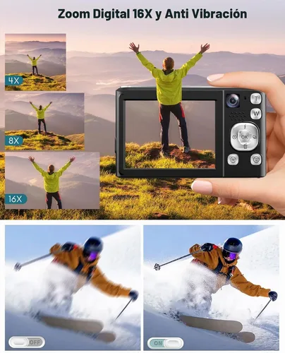 Vista 6 de Cámara digital 4K, cámaras de enfoque automático de 48 MP para fotografía, cámara compacta de vlogging con cámara frontal y trasera, cámaras de Negro