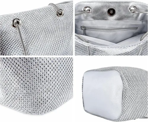Vista 6 de Ayliss - Bolsa tipo cubo con diamantes de imitación para mujer, que se cruza en el cuerpo, tamaño minipequeño, brillante, de noche