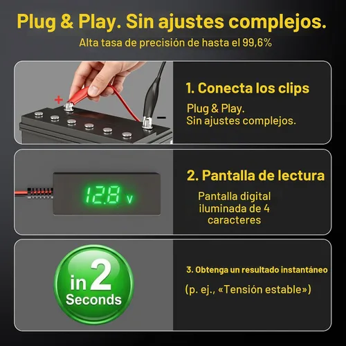 Vista 4 de SUNAPEX Probador de voltaje de batería digital 5V-60V con LCD y clips