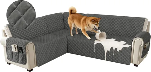 Vista 30 de Fundas impermeables para sofá seccional de esquina en forma de L, de terciopelo, juego de 6 piezas, funda en forma de U para sofá, para perros