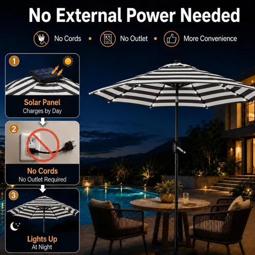 Vista 6 de Yaheetech - Sombrilla solar de patio de 9 pies, sombrilla de mesa con 32 luces LED, 8 varillas/inclinación y sistema de elevación con manivela