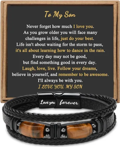 Vista 6 de Regalos únicos para hombres, pulsera de cuero para hombres, papá, novio, hijo, nieto, hermano, te amo para siempre, piedra ojo de tigre, día