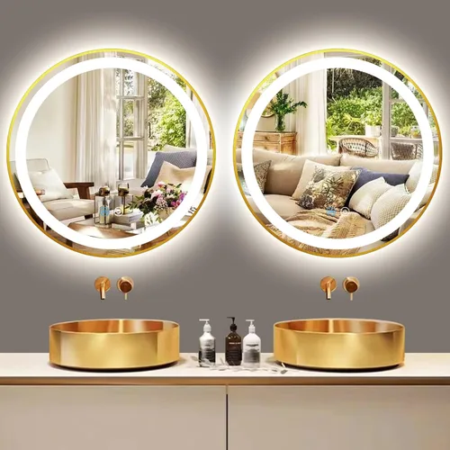 Vista 7 de Espejo de tocador redondo dorado con luces, luz frontal regulable de 3 colores, marco dorado de 16 pulgadas, espejo redondo iluminado para baño
