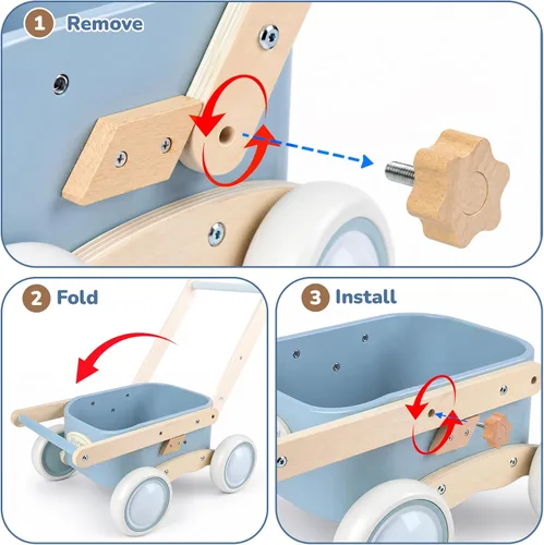 Vista 8 de Joyreal Andador de madera para bebés y vagón para niños pequeños 2 en 1 Azul