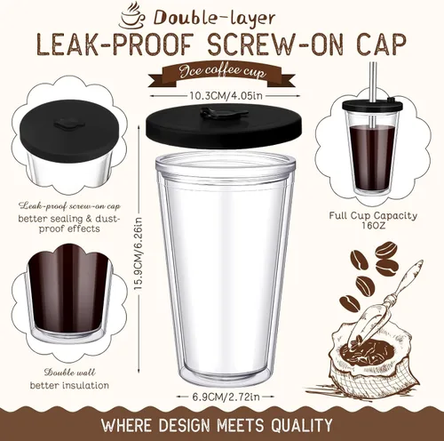 Vista 2 de Honeydak Paquete de 2 Tazas Reutilizables de 16oz para Café Helado con Tapas, Impermeables y de Pared Doble Aislada, Vaso de Café Helado de Plástico