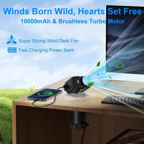 Vista 4 de Qerhod Ventilador turbo portátil 7 en 1, ventilador de cintura personal con clip, linterna manos libres y más, refrigeración potente, tiempo de Negro
