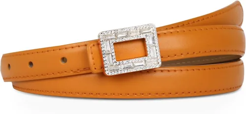 Vista 378 de Cinturón de cuero clásico con hebilla de metal para mujer con vestido de jeans