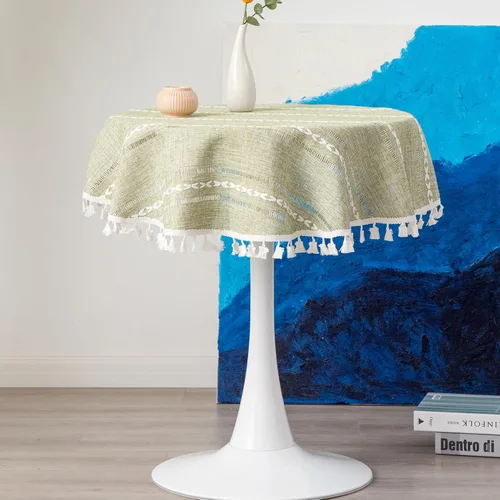 Vista 12 de Mantel Redondo Pequeño de Lino Rústico para Mesita de Noche con Rayas Bordadas Lavable Azul Cubierta de Mesa Estilo Granja con Puntadas y Borlas