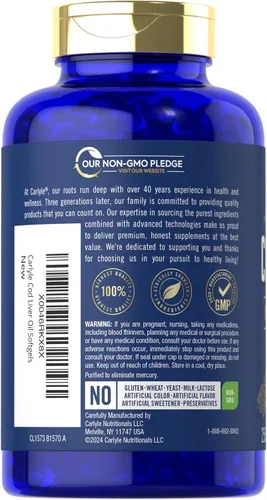 Vista 3 de Cápsulas blandas de aceite de hígado de bacalao Carlyle 1245 mg 250 unidades Noruego Sin OMG, sin gluten