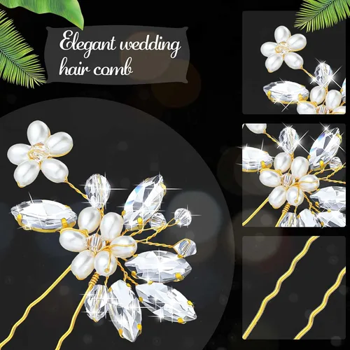 Vista 5 de Geosar 8 pinzas para el pelo de boda, horquillas doradas para el pelo de novia con flores de diamantes de imitación, accesorio de novia para mujeres