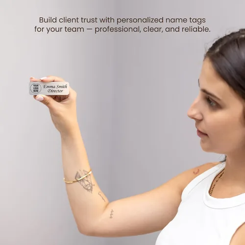 Vista 5 de Placas de identificación con nombre grabadas personalizadas, insignias de identificación personalizadas con texto y logotipos, nombre de metal