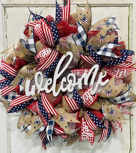 Vista 2 de 24" Round Patriotic Mesh Front Door Wreath with Welcome Sign Insert Option, Heavy Wire Base, Lots of Ribbon