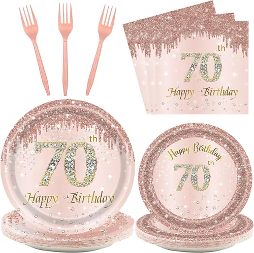 Vista 20 de 24 juegos de decoración de cumpleaños de oro rosa para niñas 1 juego de platos y servilletas y tenedores suministros de fiesta para niños de 1 año