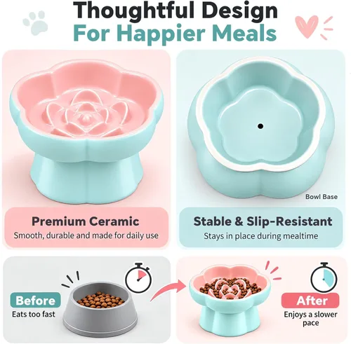Vista 3 de Raised Slow Feeder Cat Bowl,Ceramic Elevated and Titled Cat Bowl Blue/Pink