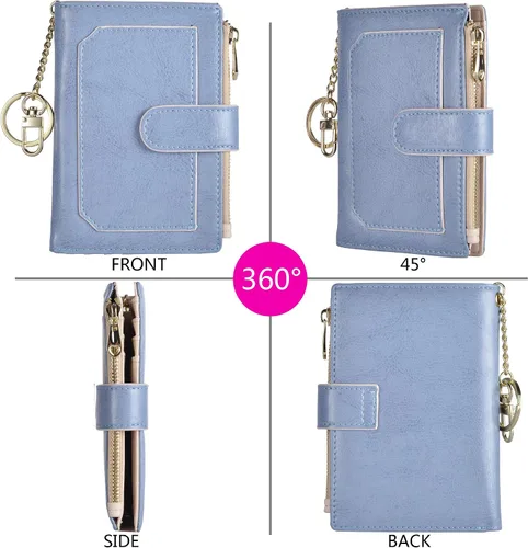 Vista 4 de Billeteras RFID pequeñas y compactas de cuero plegable para tarjetas con bolsillo con cremallera, Azul claro, beige , Compacto