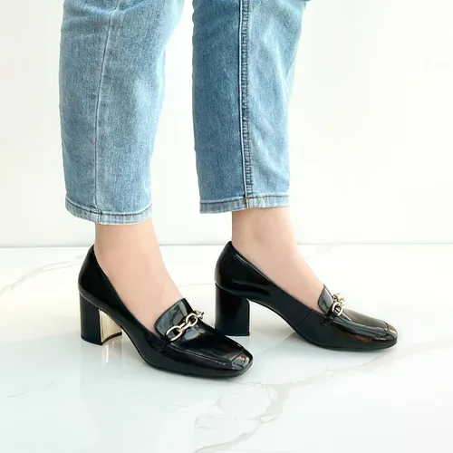 Vista 3 de JENN ARDOR Mocasines de tacón para mujer con punta cuadrada y tacón grueso, mocasines con cadena