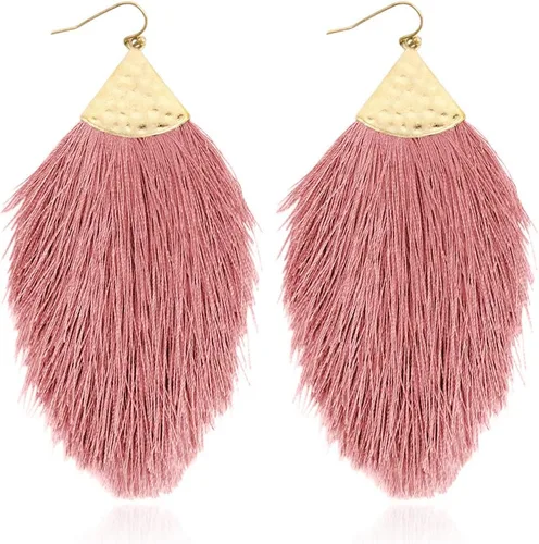 Vista 14 de Aretes bohemios de hilo sedoso con flecos y borlas – Ligeros, colgantes, con hebras y forma de pluma Fleco de plumas - Azul Aqua