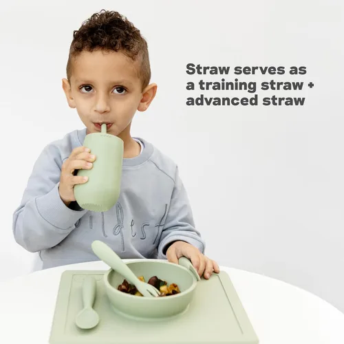 Vista 6 de ezpz Happy Cup + sistema de popote (azul) - 24 meses + - Taza 100% de silicona + popote para niños mayores + preescolares - Diseñado por un