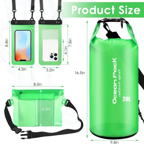Vista 2 de VZZNN Juego de 3 bolsas secas impermeables – Saco seco ligero de 20L con bolsa impermeable para la cintura y funda para teléfono, bolsa