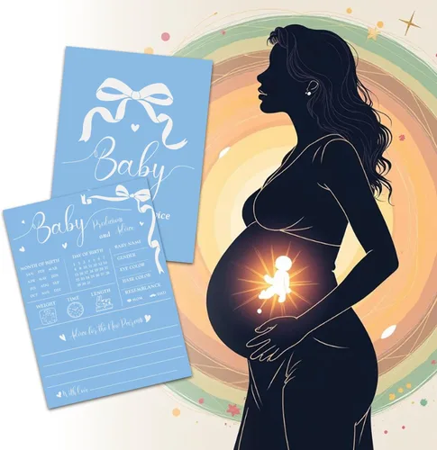 Vista 5 de CUTHOLLOW Blue and Bow - 50 tarjetas de predicción para bebés, consejos y deseos para los futuros padres, juegos de baby shower, predicción de bebé