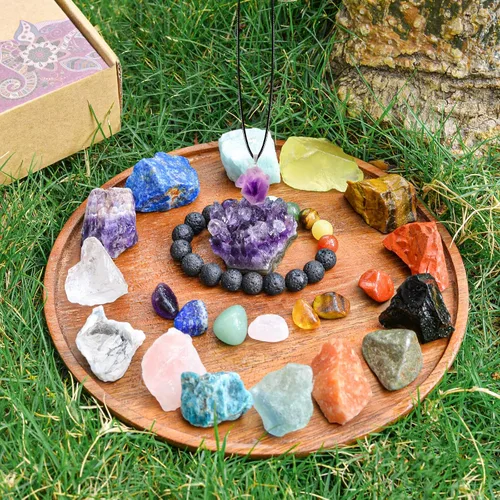 Vista 7 de AOOVOO Juego de 26 cristales y piedras curativas, juego de regalo de cristales curativos, 7 piedras preciosas crudas, 7 piedras preciosas caídas