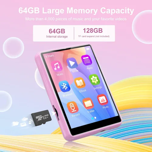 Vista 5 de Reproductor MP3 con Bluetooth 5.3-64GB, reproductor de música portátil con pantalla táctil completa de 2.4", reproductor MP3 con altavoz HD, radio