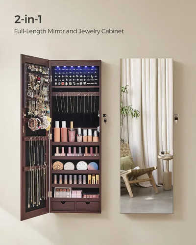 Vista 2 de SONGMICS Gabinete colgante de joyería, gabinete de pared con luces interiores LED, organizador de joyas montado en la puerta, espejo de cuerpo