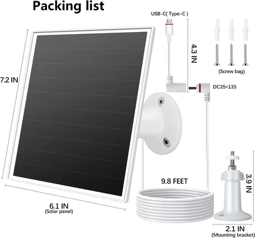 Vista 7 de Panel Solar de 6W para Cámara Ring, Cargador Solar Compatible con Ring Spotlight/Stick Up Cam Battery/Plus/Pro, Cargador Solar Impermeable con USB-C