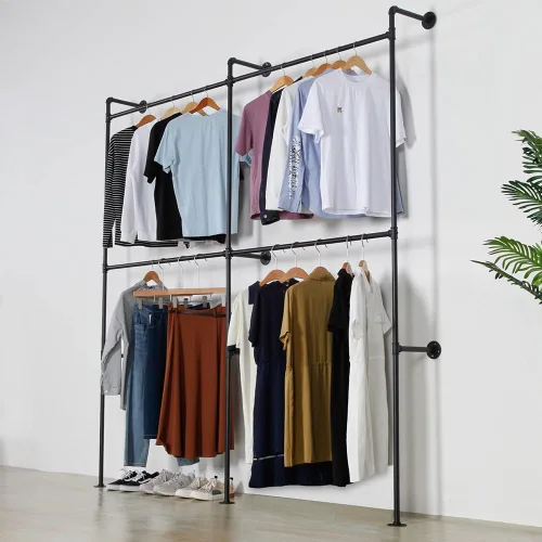 Vista 7 de Perchero industrial para ropa de tubería resistente, doble barra de armario, barras de ropa para colgar ropa, montaje en la pared, sistema