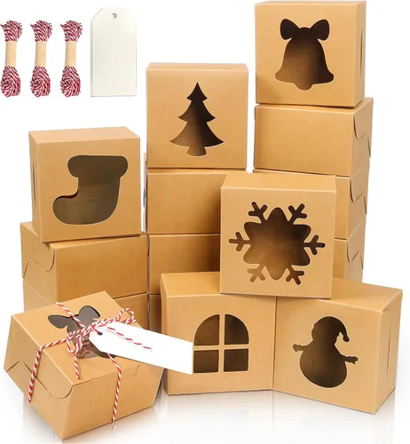 Vista 16 de 24 piezas Cajas de pastelería marrones con ventana, cajas de galletas de Navidad pequeñas de 4x4x2.5 pulgadas, cajas de regalo de Navidad
