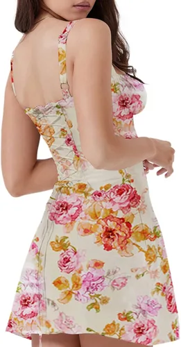 Vista 2 de Vestido corto sexy floral para mujer, estilo Y2K, corte bajo, ajustado, sin mangas, espalda descubierta, tirantes delgados, vestido de verano