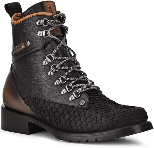 Vista 2 de Cuadra Botas de minería para hombre en piel auténtica Pirarucu y cuero bovino con cordones y cremallera, Minería, metálico