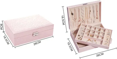 Vista 5 de YZJJ Joyero de dos capas, organizador de joyas de piel sintética con protección del medio ambiente, para mujeres, niñas, novia, esposa, regalo ideal