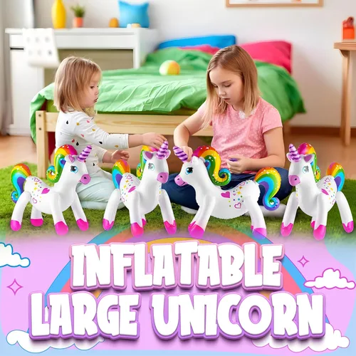 Vista 3 de Decoraciones inflables de fiesta de unicornio – (paquete de 4) 24 pulgadas – Unicornios grandes de arco iris inflables para decoraciones