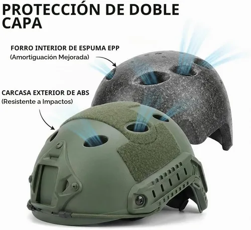 Vista 3 de Casco táctico PJ para Airsoft y Paintball con soporte para gafas de visión nocturna (NVG) y carril lateral Verde militar
