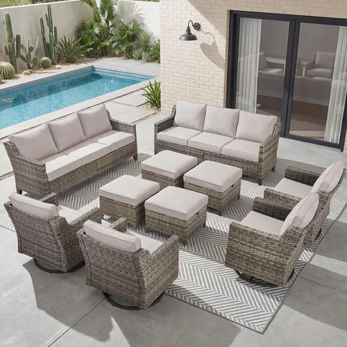 Vista 20 de Belord Sofá de patio exterior acolchado de 3 asientos de lujo de 6 pulgadas Cojín de mimbre marrón/beige de 6 pulgadas