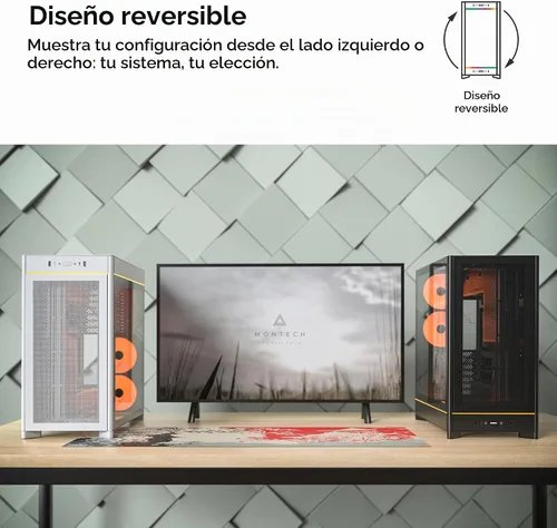 Vista 6 de Caja de PC Montech Serie HS ATX de torre media, PC para juegos, alto flujo de aire, diseño reversible, panel frontal curvo robusto de vidrio