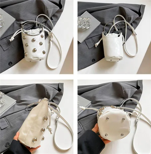 Vista 3 de Bolso de mano con asa superior para mujer, bolso Y2K, moderno remache, bolso cruzado estilo cubo, bolso retro para fiestas, compras, casual