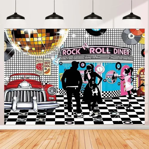 Vista 2 de Telón de fondo de fotos de estilo retro disco – Rollo de rock de los años 50, baile de graduación, cumpleaños, comedor, decoración de fiesta