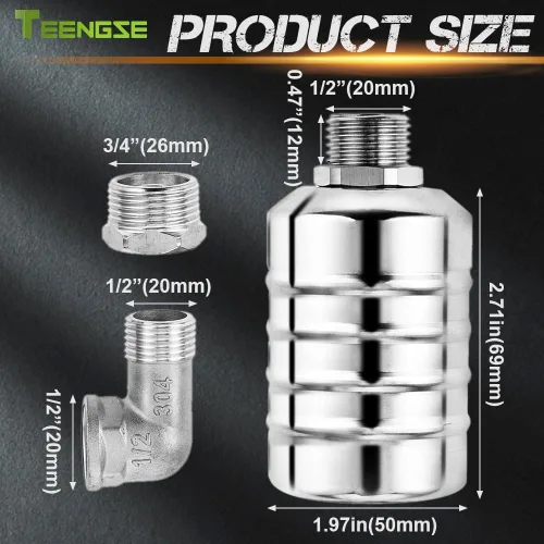Vista 2 de Kit de 2 válvulas de flotador de acero inoxidable 304 – Control automático de nivel de agua para tanques y canales de ganado, incluye accesorios
