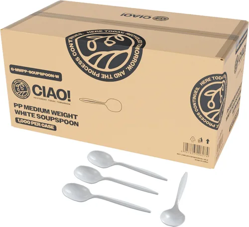 Vista 10 de CIAO! Tenedor blanco desechable de 5.8 pulgadas de polipropileno de peso medio (caja de 1000)