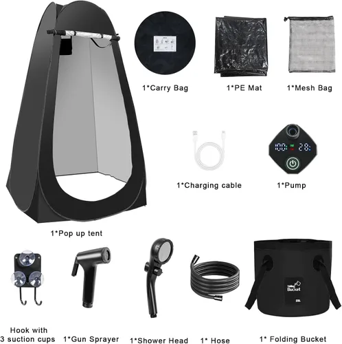 Vista 9 de Tienda de ducha desplegable para camping, tienda de ducha portátil para exteriores con ducha recargable de 6000 mAh